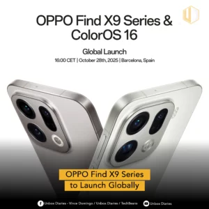 A promotional image for the OPPO Find X9 Series & ColorOS 16 Global Launch. The text specifies the event details: 16:00 CET | October 28th, 2025 | Barcelona, Spain. Below the text, two OPPO Find X9 Series phones are shown with their backs facing up, highlighting the camera modules. One is a light metallic color (likely Titanium Grey) and the other is a pale, possibly white, color (likely Silk White).