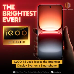 A smartphone with a glowing, bright screen, transitioning from orange at the top to white and red at the bottom, is held by a hand on the right side of the image. The background is a gradient of dark red to black. To the left, large red text reads "THE BRIGHTEST EVER!". Below that, a golden rectangular graphic displays "iQOO" with its logo and "ULTRAHD" text. The "UNBOX DIARIES" logo is at the top right. A yellow banner at the bottom states "iQOO 15 Leak Teases the Brightest Display Ever on a Smartphone". Social media icons and text are at the very bottom.