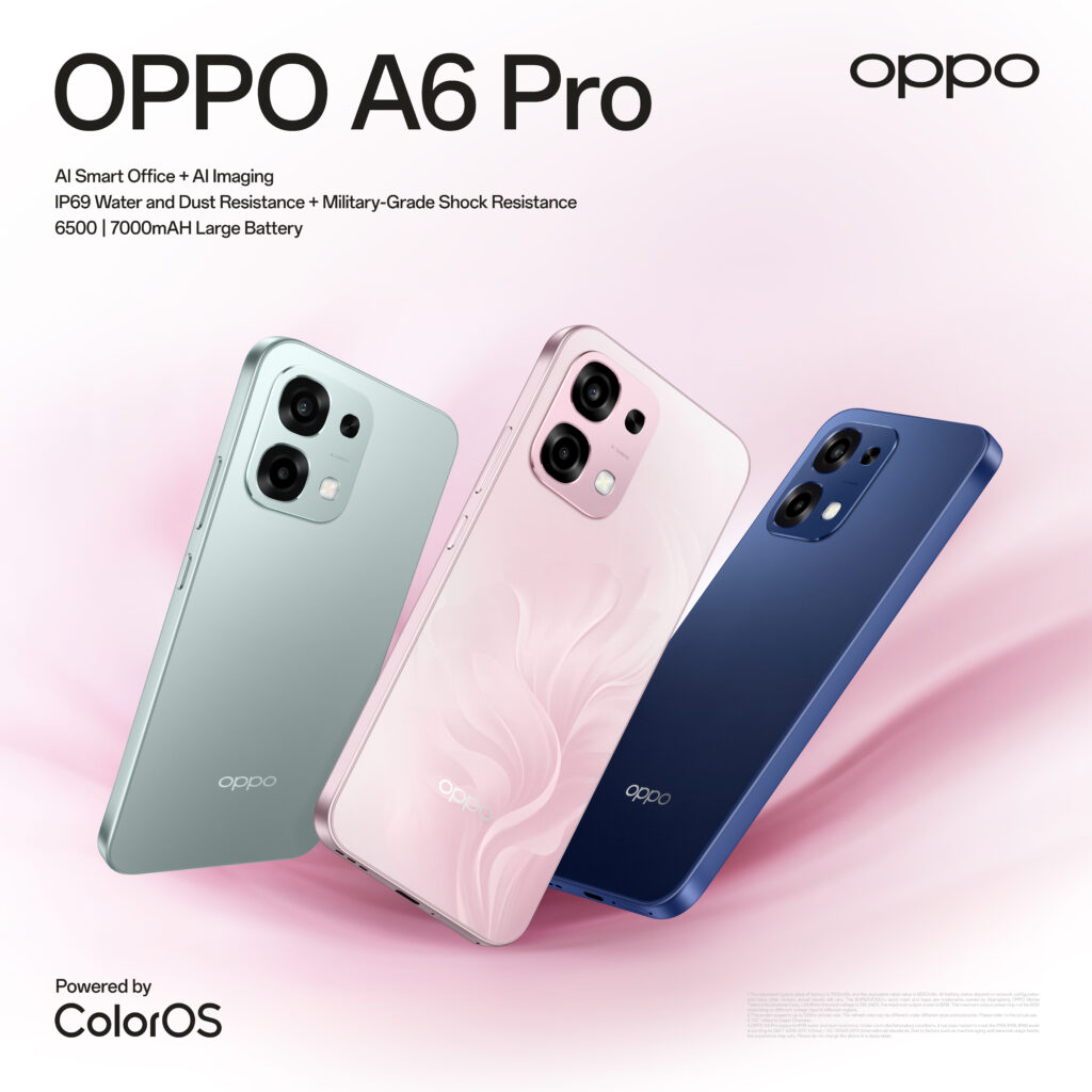 A promotional image for the OPPO A6 Pro showcasing three color variants (light green, light pink, and dark blue) angled diagonally. The text highlights key features: AI Smart Office + AI Imaging, IP69 Water and Dust Resistance + Military-Grade Shock Resistance, and a 6500 | 7000mAh Large Battery.