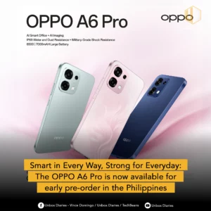 A promotional image for the OPPO A6 Pro showcasing three color variants (light green, light pink, and dark blue) angled diagonally. The text highlights key features: AI Smart Office + AI Imaging, IP69 Water and Dust Resistance + Military-Grade Shock Resistance, and a 6500 | 7000mAh Large Battery.