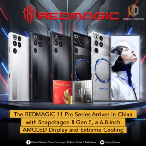 A lineup of five REDMAGIC smartphones, in various shades of grey, black, and white, are displayed on a futuristic platform with glowing blue and red neon lines in the background. Each phone features a distinctive back panel design, with some showcasing transparent elements or prominent camera modules. In front of the phones, a "Snapdragon 8 Elite" chip logo and another chip labeled "R4" are visible. Large red text "REDMAGIC" is at the top. The "UNBOX DIARIES" logo is at the top right. A yellow banner at the bottom reads "The REDMAGIC 11 Pro Series Arrives in China with Snapdragon 8 Gen 5, a 6.8-inch AMOLED Display and Extreme Cooling". Social media icons and text are present at the very bottom.