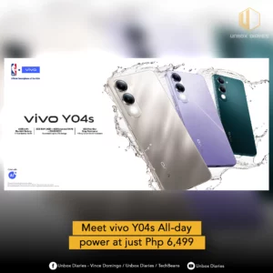A close-up product shot of three vivo Y04s smartphones in Titanium Gold, Crystal Violet, and Jade Green, splashing out of water. Text highlights key features: 6000 mAh BlueVolt Battery with 5-year Battery Health, 8GB RAM (4GB + 4GB Extended RAM) + 256GB ROM expandable up to 2TB Storage, and SGS Five-Star Drop Resistance with Military Grade Shock Resistance. The phone is also noted as the Official Smartphone of the NBA and comes with AI features.