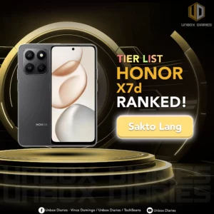 Two dark grey smartphones are displayed on a golden, tiered circular platform against a dark, metallic background. One phone shows its back, with "HONOR" branding and a rectangular camera module containing multiple lenses. The other phone displays its screen with an abstract, light-colored wallpaper. Text on the right reads "TIER LIST HONOR X7d RANKED!" in green and orange, with a yellow box below it saying "Sakto Lang". The "UNBOX DIARIES" logo is at the top right. Social media icons and text are present at the very bottom.