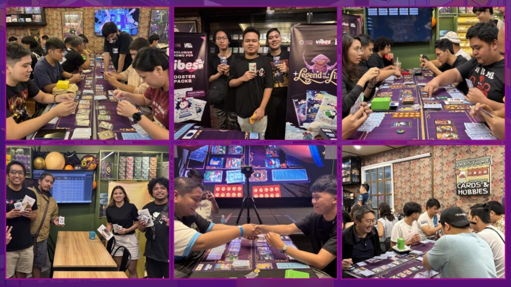 A six-panel photo collage capturing various moments from a Vibes Trading Card Game (TCG) community event. The images show players seated at long tables, focused on playing the card game, some holding cards or shaking hands. One panel features a group of players smiling while holding booster packs. Another shows a group posing next to a scoreboard, and a third panel shows a handshake between two competitors over a game mat. The atmosphere is social and competitive.