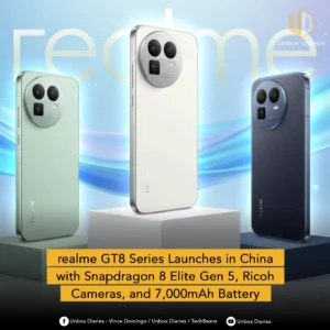 Three smartphones are showcased on individual white pedestals against a vibrant blue and green background with glowing light streaks. From left to right, the phones are light green, white, and dark blue/black. Each phone displays its back, featuring a distinctive camera module with multiple lenses and a square element. The "realme" logo is subtly visible on the lower back of each phone. The "UNBOX DIARIES" logo is at the top right. A yellow banner at the bottom announces "realme GT8 Series Launches in China with Snapdragon 8 Elite Gen 5, Ricoh Cameras, and 7,000mAh Battery". Social media icons and text are present at the very bottom.