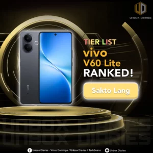 A promotional image for a tech video from Unbox Diaries. The central element is a dark gray Vivo V60 Lite smartphone displayed on a gold circular pedestal. Large text overlay reads "TIER LIST vivo V60 Lite RANKED!" with a smaller yellow text box saying "Sakto Lang." The background is dark and spotlighted.