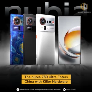 Four smartphones are showcased in a line, with a smoky, dark background. From left to right: a blue phone with a starry night sky pattern, a black phone, a white phone, and another white phone displaying a golden, abstract wallpaper on its screen. The three phones on the left prominently feature large, circular camera modules with red accents and "nubia" branding. Large, stylized text "nubia" is at the top of the image, and "Z80 ULTRA" is subtly visible at the bottom. The "UNBOX DIARIES" logo is at the top right. A yellow banner at the bottom reads "The nubia Z80 Ultra Enters China with Killer Hardware". Social media icons and text are present at the very bottom.