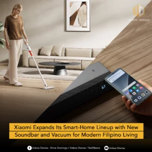 A composite image showing the two new products: a woman in a bright, modern living room uses the white Xiaomi Vacuum Cleaner P30 on the hard floor, while the Xiaomi Soundbar Pro 2.0 ch and a smartphone are superimposed in the foreground. A banner text reads: $\text{“}$Xiaomi Expands Its Smart-Home Lineup with New Soundbar and Vacuum for Modern Filipino Living.