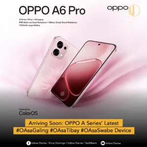 Two pink smartphones are dynamically angled against a soft, gradient pink background. One phone shows its back with a camera module, while the other displays its screen with an abstract pink and white liquid design, and a fingerprint icon. Text at the top left reads "OPPO A6 Pro" and lists features like "AI Smart Office + AI Imaging," "IP69 Water and Dust Resistance + Military-Grade Shock Resistance," and "7000mAh Large Battery." Below that, "Powered by ColorOS" is visible. The "UNBOX DIARIES" logo and "oppo" logo are at the top right. A yellow banner at the bottom announces "Arriving Soon: OPPO A Series' Latest #OASaGaling #OASaTibay #OASaSwabe Device". Social media icons and text are present at the very bottom.