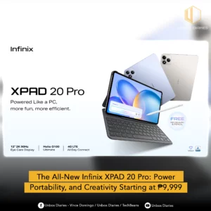 Product image for the Infinix XPAD 20 Pro. The tablet, attached to a keyboard case and showing its colorful home screen, is angled with the free stylus next to it. Two tablets, one in light purple (Mist Blue) and one in silver (Titanium Grey), are shown angled in the background. Key features are listed at the bottom: 12" 2K 90Hz Eye Care Display, Helio G100 Ultimate, and 4G LTE All Day Connect.