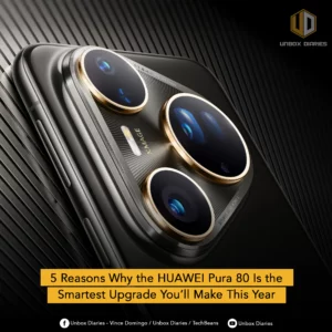 A high-contrast, artistic close-up photo of the prominent triple camera system of the HUAWEI Pura 80 Series smartphone, featuring a stylish, complex design with gold accents. A title card overlay at the bottom reads: "5 Reasons Why the HUAWEI Pura 80 Is the Smartest Upgrade You'll Make This Year."