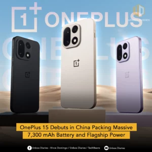 Three smartphones in black, off-white, and light purple are displayed on pedestals against a background of sand dunes and a blue sky, with a large, semi-transparent "ONEPLUS" logo. Each phone shows its back, featuring a distinctive camera module with multiple lenses and the OnePlus logo. The "UNBOX DIARIES" logo is at the top right. A yellow banner at the bottom states "OnePlus 15 Debuts in China Packing Massive 7,300 mAh Battery and Flagship Power". Social media icons and text are present at the very bottom.