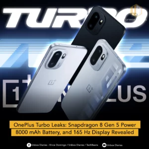 Three smartphones are dynamically arranged against a dark background with glowing blue lines and a large white "TURBO" text. Two phones are light silver/white with textured backs, while one is black. All phones prominently display their camera modules and the OnePlus logo. A large, stylized "ONEPLUS" logo is also subtly visible in the background. The "UNBOX DIARIES" logo is at the top right. A yellow banner at the bottom details "OnePlus Turbo Leaks: Snapdragon 8 Gen 5 Power 8000 mAh Battery, and 165 Hz Display Revealed". Social media icons and text are present at the very bottom.