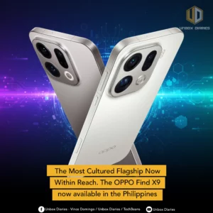 Two OPPO Find X9 smartphones, one in silver and one in gray, crossed over a background of glowing blue and purple circuitry. Text reads: "The Most Cultured Flagship Now Within Reach. The OPPO Find X9 now available in the Philippines."