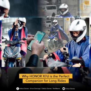 Promotional graphic overlaying a rainy motorcycle scene with the text: "Why HONOR X7d is the Perfect Companion for Long Rides," reinforcing the phone's durability and weather resistance for riders.