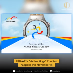 Promotional poster for the HUAWEI Active Rings Fun Run happening on November 8, 2025. The image features a stylized figure running on a white, blue, and yellow track leading up to a blurred close-up of a HUAWEI smartwatch face. The text 'See you at the ACTIVE RINGS FUN RUN November 8, 2025' is centered below the runner, and a yellow banner at the bottom reads 'HUAWEI's 'Active Rings' Fun Run happens this November 8!'. Logos for Unbox Diaries and social media accounts are also present.