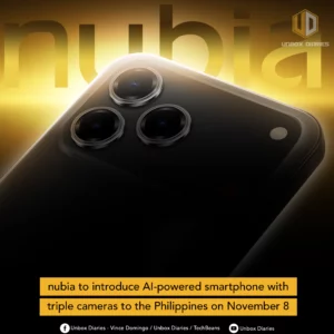 A close-up of the back of a dark smartphone is featured, with a strong focus on its triple camera lenses, which are subtly reflecting light. The background is a dark, glowing golden hue with a large, semi-transparent "nubia" text overlay. The "UNBOX DIARIES" logo is at the top right. A yellow banner at the bottom announces "nubia to introduce AI-powered smartphone with triple cameras to the Philippines on November 8". Social media icons and text are present at the very bottom.