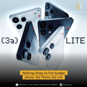 A promotional image featuring four sleek smartphones, the Nothing Phone (3a) Lite, tilted and overlapping. Two are white and two are dark/black, all displaying a dual-camera system and a distinctive, small rectangular red/orange accent on the back panel. The branding "UNBOX DIARIES" is in the top right, and large text across the image says "[3a] LITE." A yellow banner at the bottom reads, "Nothing drops its first budget phone: the Phone (3a) Lite."