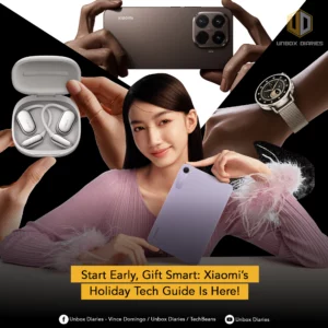 A composite holiday tech guide image featuring a woman holding a purple Xiaomi Pad Mini in the center. Surrounding her are close-ups of a brown Xiaomi 15T Pro smartphone, silver Xiaomi Openwear Stereo Pro earbuds in their case, and a gold-tone Xiaomi Watch S4 with a mesh band. The text overlay reads: "Start Early, Gift Smart: Xiaomi's Holiday Tech Guide Is Here!"