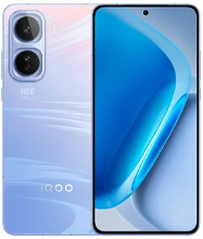 A pale purple iQOO Neo-series smartphone is shown at a slight angle. The back has a subtle wave pattern and features a dual-camera module on the top left. The front displays a vivid, abstract blue and white wallpaper with a center punch-hole camera.