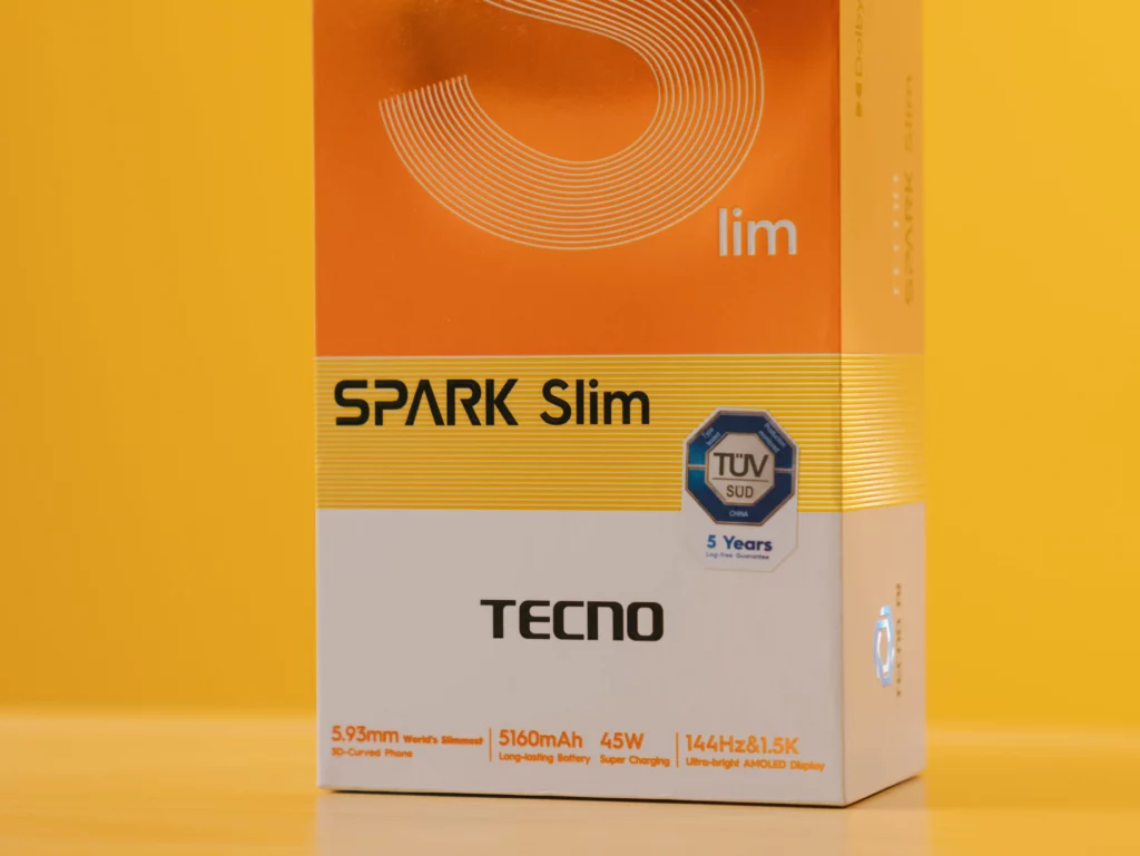 Bottom half of the TECNO SPARK Slim phone box, listing specifications: 5.93mm World's Slimmest, 5160mAh 45W battery, and 144Hz & 1.5K AMOLED display.