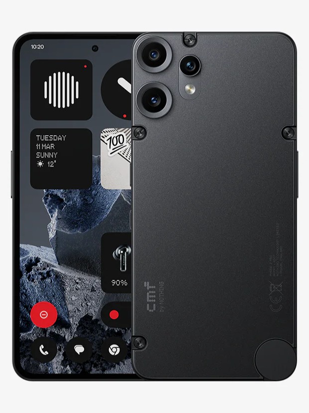 A CMF Phone 2 Pro in black, shown from the front and back. The screen displays a dark, customized interface with large, simple widgets, including a calendar and weather. The back features a dual camera setup and a distinctive textured black matte panel with a circular accent in the bottom right corner, branded "CMF by Nothing.