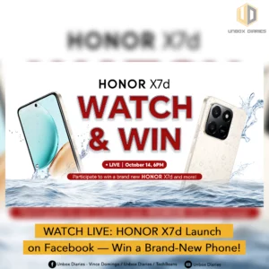 A promotional image for the HONOR X7d Watch & Win event. The white HONOR X7d smartphone is shown submerged in water on the left (front view) and right (back view, showing the camera module). Large, bold text reads: 'HONOR X7d WATCH & WIN' and includes the details: 'LIVE | October 14, 6PM. Participate to win a brand new HONOR X7d and more!