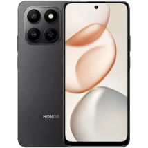 A black HONOR X7d smartphone, shown from the front and back. The screen displays a light, flowing abstract wallpaper, and the back features a prominent circular camera housing with a quad-camera setup and the 'HONOR' logo.