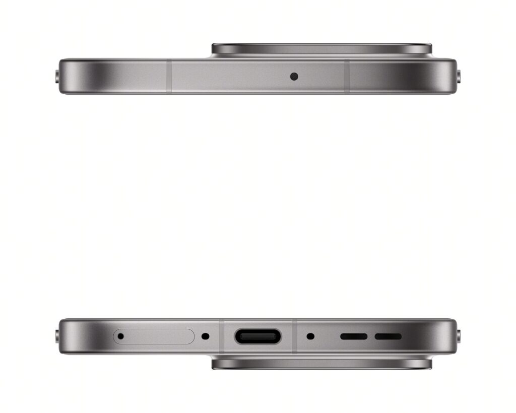 Top and bottom profile view of the gray OPPO Find X9. The bottom shows the USB-C port, speaker grille, and SIM tray. The top shows a microphone hole.
