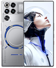 A side-by-side view of a silver REDMAGIC 11 Pro+ smartphone. The back has a complex, futuristic design with exposed screws and a large, circular, blue-lit cooling vent in the center. The camera module is a rectangular silver panel with multiple lenses. The screen shows a woman wearing a sci-fi inspired clear visor and white suit with blue lighting accents.