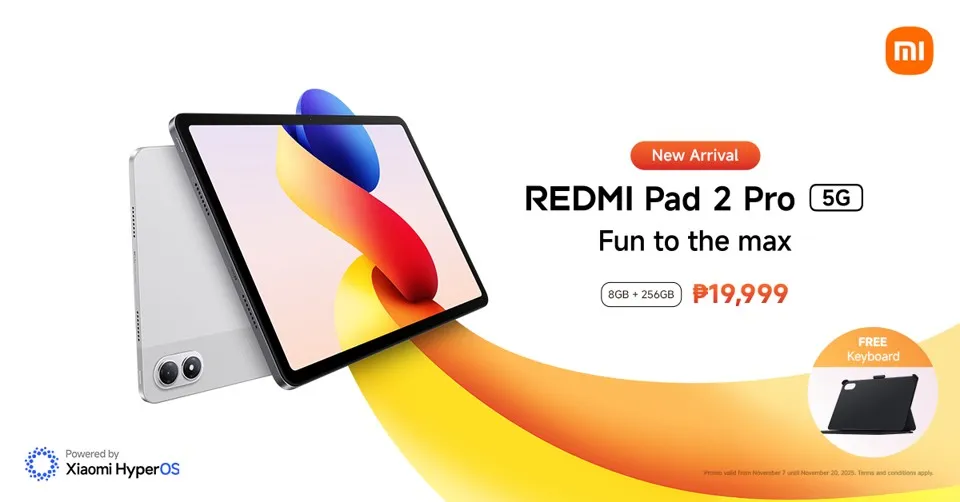 A promotional image for the REDMI Pad 2 Pro 5G tablet, showing the device and its included free keyboard, along with the price (P19,999) and the "Powered by Xiaomi HyperOS" logo.