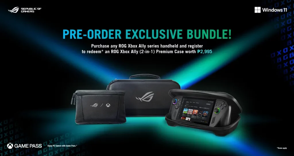 A promotional image for the ROG Xbox Ally series pre-order bundle. It shows a black handheld console (ROG Ally) in a protective case, a smaller accessory pouch, and a larger carrying case. Text highlights the "PRE-ORDER EXCLUSIVE BUNDLE!" and mentions purchasing any ROG Xbox Ally series handheld to redeem an ROG Xbox Ally (2-in-1) Premium Case worth ₱2,995 (P 2,995).