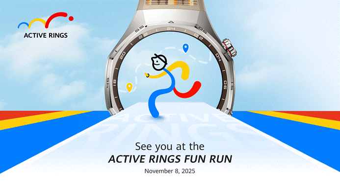 Promotional image for the Active Rings Fun Run. A stylized figure, composed of red, blue, and yellow rings, is running up a white track against a blue sky with clouds. The track is flanked by blue and yellow stripes. The runner is superimposed over a blurred close-up of a smartwatch face. Text below reads 'See you at the ACTIVE RINGS FUN RUN November 8, 2025'. The Active Rings logo is in the top left corner.