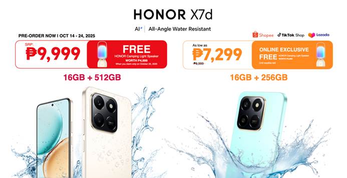 An advertisement for the HONOR X7d AI smartphone, showcasing the beige/white device partially submerged in splashing water to highlight its 'All-Angle Water Resistant' feature. The ad displays pricing and offers: the ₱9,999 pre-order for the 512GB variant (with a free HONOR Camping Light Speaker worth ₱4,999), and the online-exclusive price of ₱7,299 for the 256GB variant. Key features listed are 'AI', '6500mAh Dual-cell Battery', and 'One-Click AI Button'.