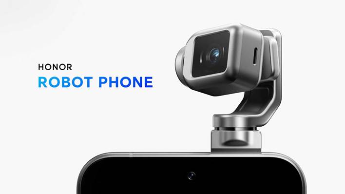 An image of the HONOR ROBOT PHONE, showing a close-up of a small, metallic camera module attached to a silver robotic arm, emerging from the top of a dark phone body. The text teases a 'Revolutionary Robot Phone Ahead of MWC 2026'.