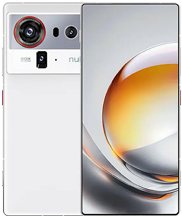 The white version of the Nubia Z80 Ultra smartphone. The image shows the device from two angles: the back panel with a distinctive, large, circular camera housing featuring a red accent ring, and the front screen displaying an abstract image of an orange and white orb.