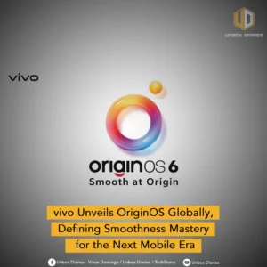 The logo for vivo OriginOS 6. It features a colorful, ring-shaped "O" graphic with a small golden orb above it, and the text "originOS 6 Smooth at Origin" beneath it.