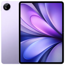Front and rear view of a light purple vivo Pad 5e tablet. The back has a single circular camera module in the corner, and the front shows the edge-to-edge display with a vibrant, abstract purple and blue wallpaper.