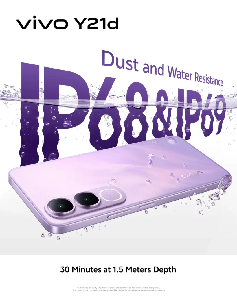 The purple vivo Y21d smartphone is partially submerged in water, illustrating its water resistance. Large text reads "Dust and Water Resistance IP68 & IP69" and smaller text states "30 Minutes at 1.5 Meters Depth".