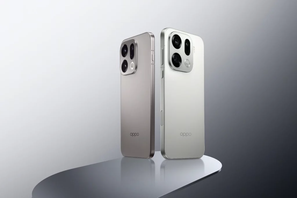 Two OPPO Find X9 smartphones standing upright against a gradient background. The phone on the left is Titanium Grey and the one on the right, tilted slightly forward, is a lighter Silk White/Silver color. Both feature a prominent square-shaped camera module with three large lenses in the top-left corner.