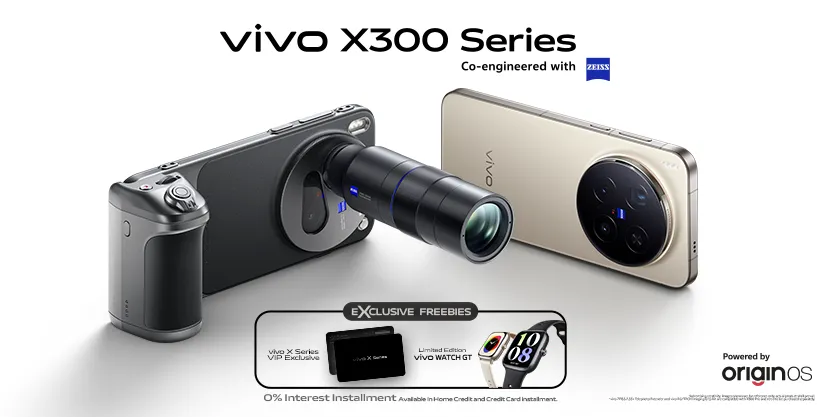 A promotional poster showing two vivo X300 Series phones. The phone on the left is black, attached to an external telephoto lens and a camera grip accessory. The phone on the right is a beige Pro model. The text highlights "vivo X300 Series Co-engineered with ZEISS" and "Exclusive Freebies" including the Vivo X Series VIP Exclusive Card and Limited Edition VIVO Watch GT.