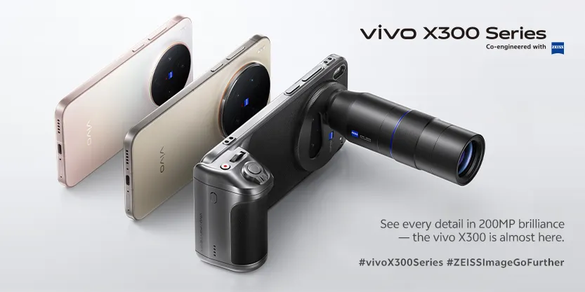 A wide promotional poster showing three vivo X300 Series phones: one in Halo Pink, one in Dune Brown, and one in Phantom Black. The black phone is attached to a large, external ZEISS telescope-style telephoto lens, emphasizing its photography capabilities. Text reads: "vivo X300 Series Co-engineered with ZEISS. See every detail in 200MP brilliance - the vivo X300 is almost here."