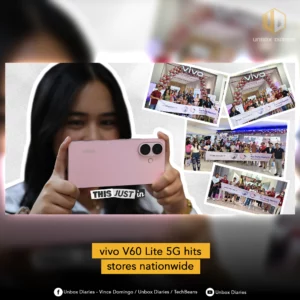 A collage of images. The main focus is a young woman holding a pink vivo V60 Lite 5G smartphone up to take a picture. Surrounding her are smaller photos from the in-store launch event, showing groups of people celebrating the phone's availability. A text overlay reads: "vivo V60 Lite 5G hits stores nationwide."
