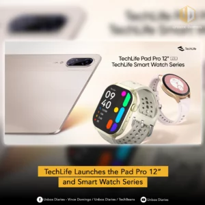 Promotional graphic for TechLife products. It features a close-up of the gold/tan TechLife Pad Pro 12" tablet and two Smart Watches on the right. A yellow banner across the bottom reads: "TechLife Launches the Pad Pro 12" and Smart Watch Series."