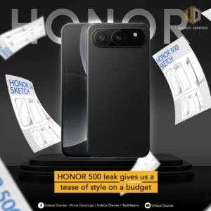 Two sleek black smartphones are displayed on a dark platform, with one phone slightly behind the other, showing its screen. The foreground phone prominently features a unique, horizontal dual-camera module. Several floating white sketch sheets, labeled "HONOR 500 SKETCH" and showing various phone designs, surround the phones. A large, semi-transparent "HONOR" logo is in the background. The "UNBOX DIARIES" logo is at the top right. A yellow banner at the bottom announces "HONOR 500 leak gives us a tease of style on a budget". Social media icons and text are present at the very bottom.