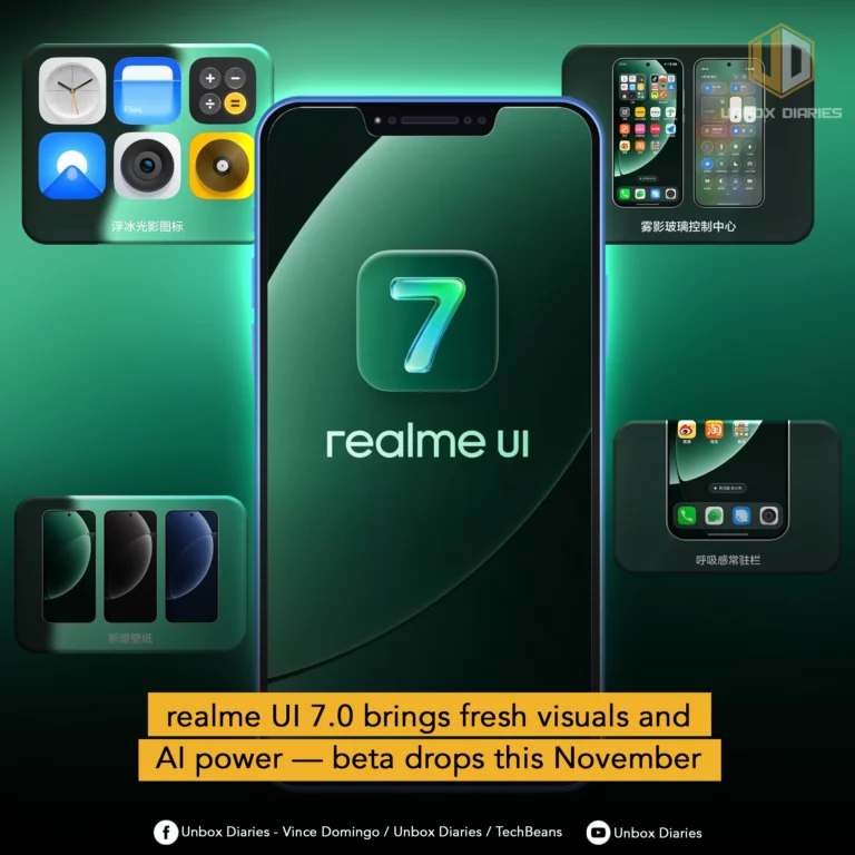 A central smartphone displaying a "realme UI 7" logo on a dark green background is surrounded by three smaller screens showcasing different aspects of the UI: app icons, a control center interface, and wallpaper options. The overall color scheme is dark green and blue. The "UNBOX DIARIES" logo is at the top right. A yellow banner at the bottom announces "realme UI 7.0 brings fresh visuals and AI power — beta drops this November". Social media icons and text are present at the very bottom.