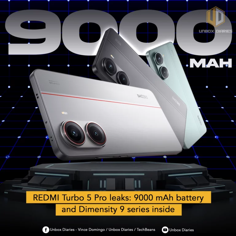 Three Redmi smartphones are dynamically arranged above a futuristic dark platform with blue glowing lines. One phone is white with red accents, another is dark grey, and the third is light green. All phones showcase their camera modules. Large, metallic grey text "9000 .MAH" is prominent at the top. The background is a dark grid pattern with blue lines. The "UNBOX DIARIES" logo is at the top right. A yellow banner at the bottom details "REDMI Turbo 5 Pro leaks: 9000 mAh battery and Dimensity 9 series inside". Social media icons and text are present at the very bottom.