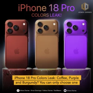 Three iPhones, colored burgundy, gold, and purple, are standing upright on cylindrical marble-like pedestals. Each phone displays its back, featuring a prominent camera array and the Apple logo. Large, gradient-colored text "iPhone 18 Pro" and "COLORS LEAK!" are at the top. The background is dark and moody. The "UNBOX DIARIES" logo is at the top right. A yellow banner at the bottom asks "iPhone 18 Pro Colors Leak: Coffee, Purple and Burgundy? You can only choose one". Social media icons and text are present at the very bottom.