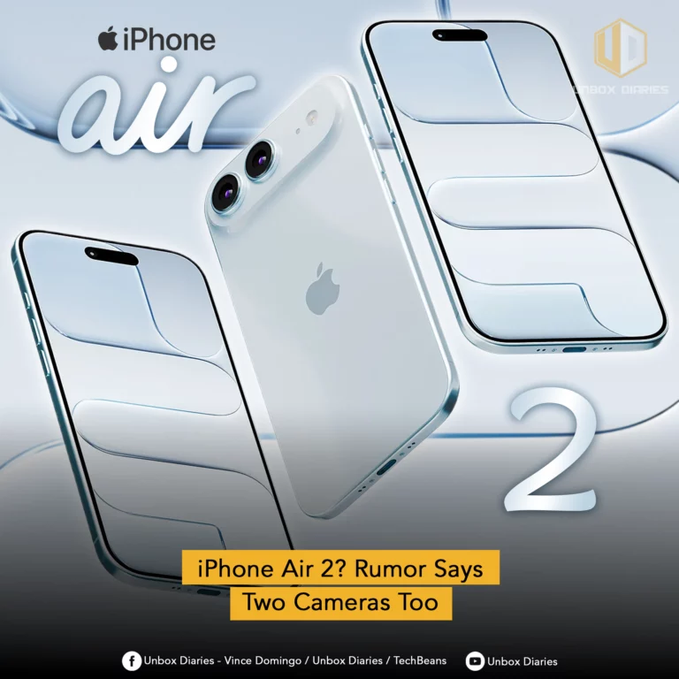 Three light-colored iPhones are arranged dynamically against a futuristic background of swirling white and light blue elements. One iPhone is shown from the back, featuring a dual-camera setup and the Apple logo. Two other iPhones are angled to display their screens, which have a sleek, minimalist interface. Large white text at the top reads "iPhone air", with a large "2" at the bottom right. The "UNBOX DIARIES" logo is at the top right. A yellow banner at the bottom asks "iPhone Air 2? Rumor Says Two Cameras Too". Social media icons and text are present at the very bottom.