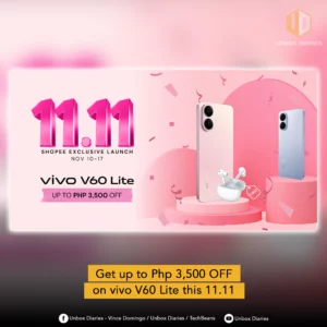 A promotional graphic for the vivo V60 Lite Shopee 11.11 Exclusive Launch. It features the pink and blue versions of the phone, a pair of free vivo Buds, and large "11.11" text, announcing "Up to Php 3,500 OFF" and the launch dates Nov 10-17.